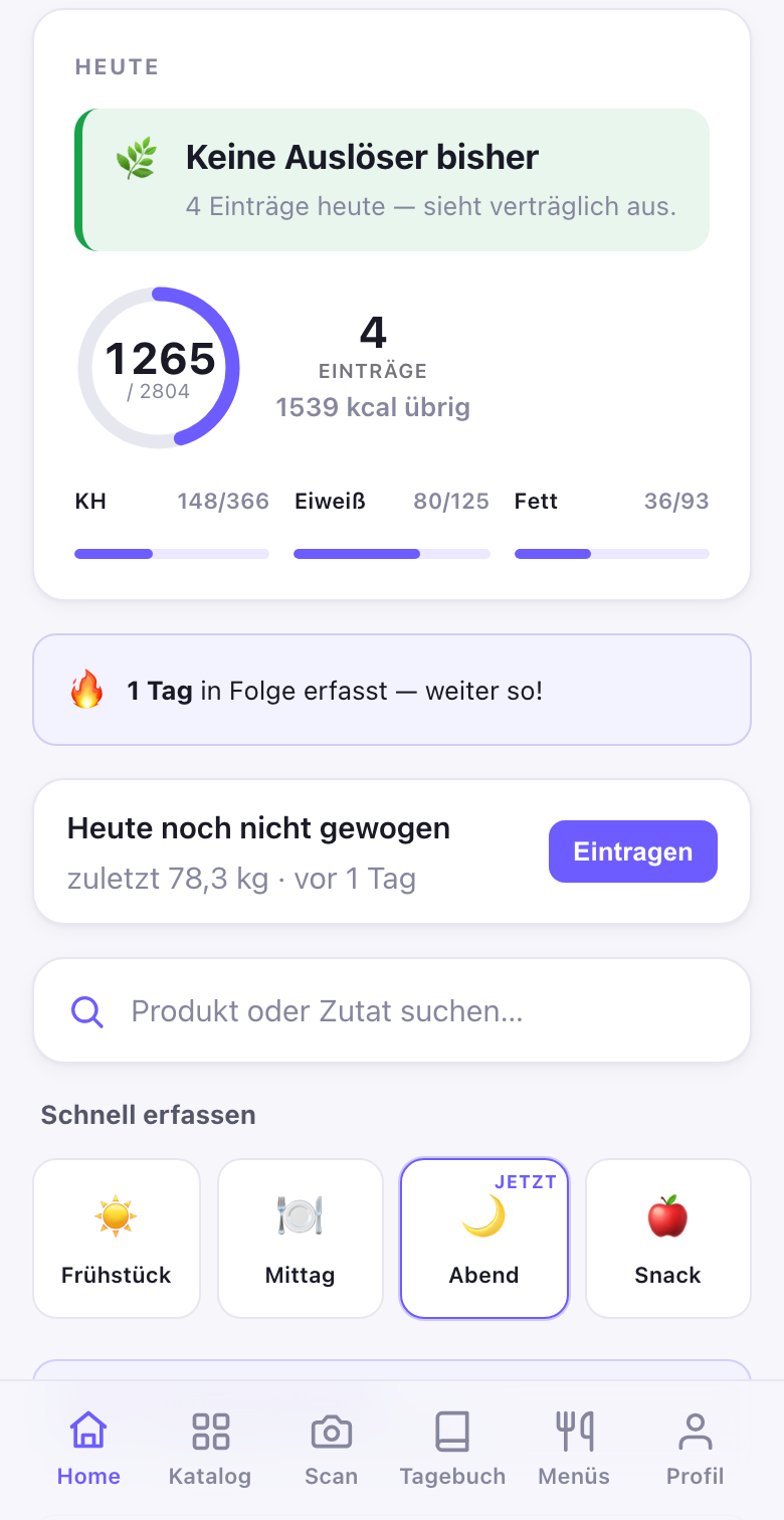 Tagesübersicht mit Kalorienring und Makro-Balken