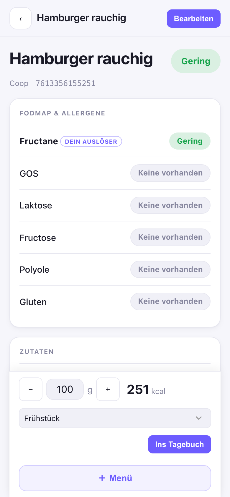 Produktdetail eines griechischen Joghurts mit Honig: Laktose und Fruktose als hohe Stufen markiert, Zutatenliste von Vollmilch bis Honig mit FODMAP-Stufe je Zutat